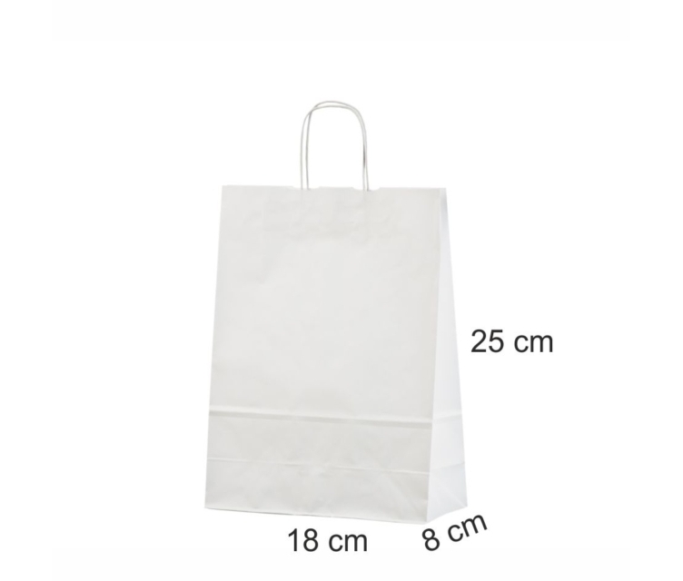 Valge paberkott mõõtudega 18x8x25 cm