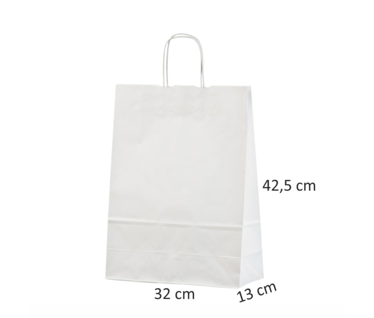 Valge paberkott mõõtudega 32x13x42,5 cm