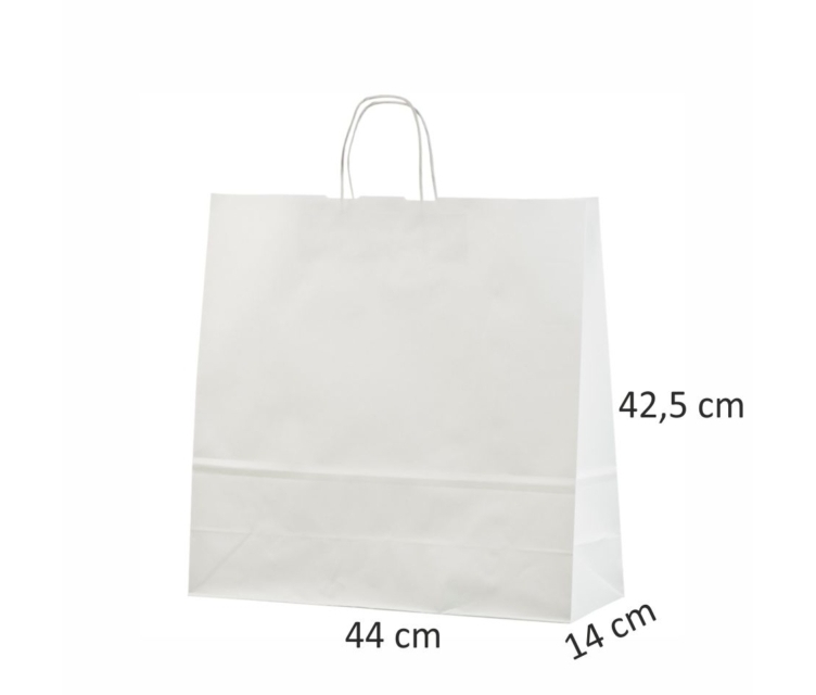 Valge paberkott mõõtudega 44x14x42,5 cm