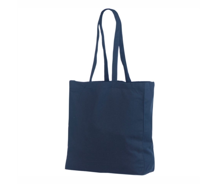 Tumesinist värvi küljevoldiga riidest kott Mõõdud 38x10x42 cm.